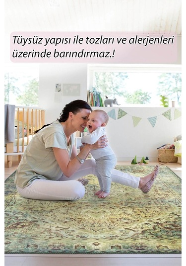 Blues Vintage Desenli Dokuma Taban Dekoratif Yeşil Halı (Al 23)