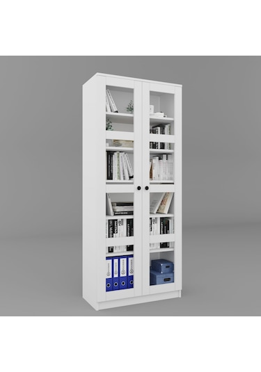 Lucas Cam Kapaklı Vitrin - Büfe - Kitaplık Ve Çok Amaçlı Dolap Ayarlanabilir Raf Beyaz