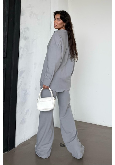 Madmext Boyalı Gri Keten Kadın Gömlek Pantolon İkili Takım Mg2356 Boyalı Gri