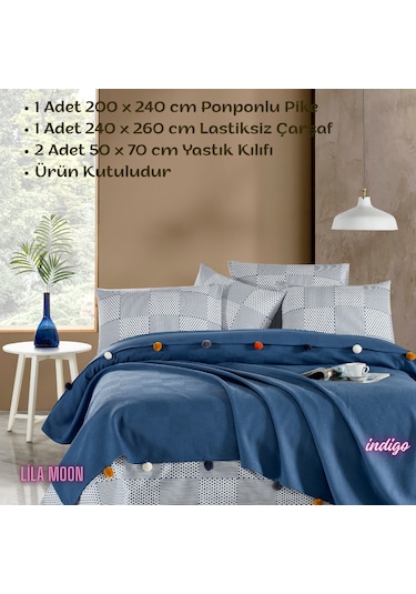 Madam Marica İndigo Renkli Çift Kişilik Ponponlu Pike Takımı İndigo