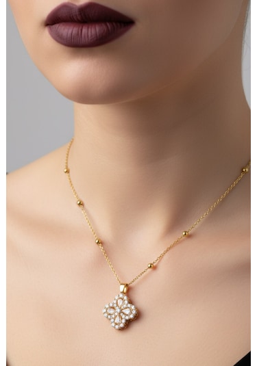 Altın Renk Beyaz Taş Van Cleff Yonca Damla Taşlı Model Top Zincir Çelik Kolye- 3717 Çok Renkli