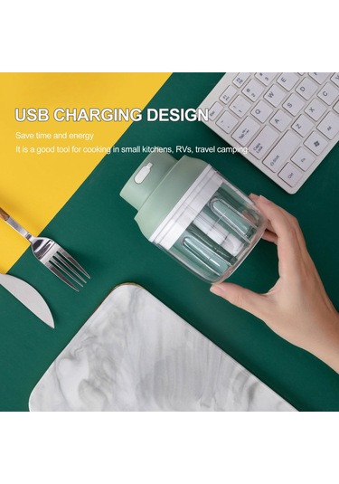 Xindoker Usb Şarjlı Yeşil Taşınabilir Elektrikli Mutfak Robotu - Sebze, Meyve, Et Doğrayıcı