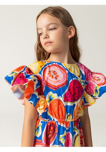 Sheshe Desenli Pamuklu Beli Lastikli Kız Çocuk Elbise Renkli