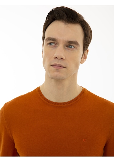 Cacharel Turuncu Slim Fit Bisiklet Yaka Basic Triko Kazak