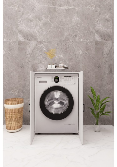 Mdf Çamaşır Makinesi Dolabı Kapaklı Beyaz