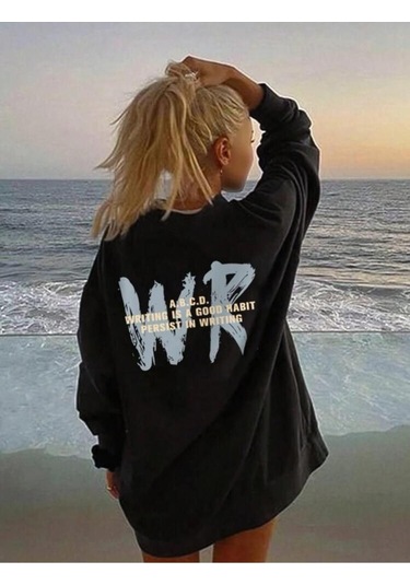 Siyah Oversize Bisikletyaka Wr Baskılı Sweatshirt Siyah
