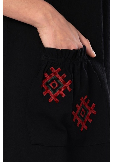 Kolsuz Şile Bezi Kruvaze Yaka Nakışlı Tülin Midi Boy Yazlık Otantik Elbise Siyah Syh-siyah Siyah