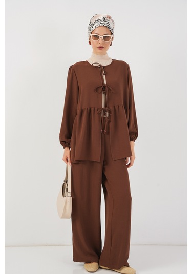 Kadın Önü Bağcıklı Tunik Pantolon İkili Takım 6744 - Kahverengi Kahverengi