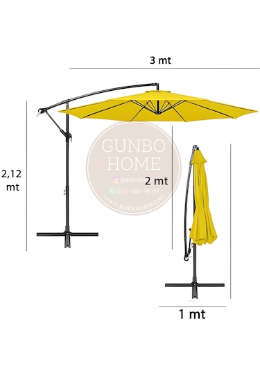 Gunbo Home 3 Mt 8 Kaburga Full Demir 21 Kg Sarı Bahçe Şemsiyes