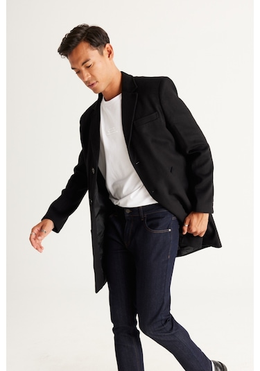 Ac&Co / Altınyıldız Classics Erkek Sıyah Standart Fit Normal Kesim Mono Yaka Yünlü Palto Siyah