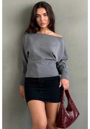Madmext Gri Ribbed Asimetrik Kesimli Kadın Kazak Mg2744
