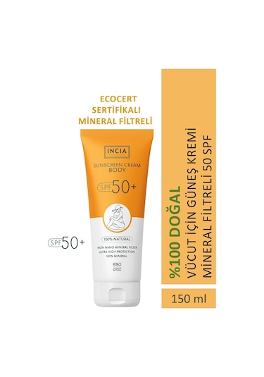 INCIA %100 Doğal Vücut Güneş Kremi Leke Karşıtı Mineral Filtreli Yüksek Koruma SPF 50+ UVA UVB 150 ML