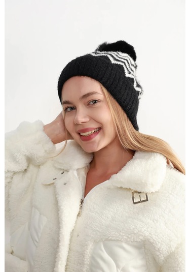 Zigzag Desenli Kadın Bere Rkş-19 Beyaz Siyah Siyah