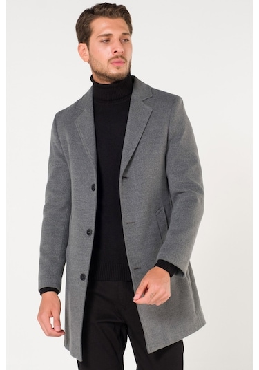 Slim Fit V Yaka Kışlık Gümüş Gri Erkek Kaşe Kaban-Gümüş