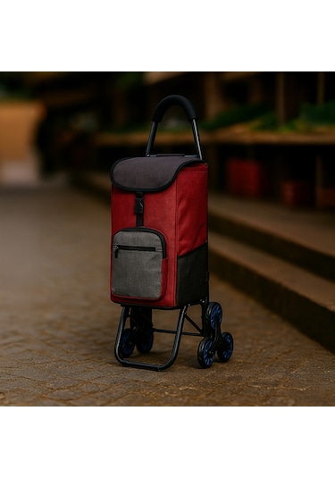 Sessiz 3 Tekerlekli Pazar Arabası Su Geçirmez, Fermuarlı Çantalı Kırmızı