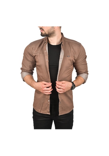 Deepsea Erkek Kahve Dar Kesim Çıt Çıt Düğmeli Pamuklu Kot Gömlek Likralı Spor Gömlek 2300412 Kahve