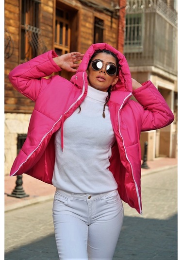 Kadın Fuşya Su Geçirmez Kapüşonlu Şişme Mont