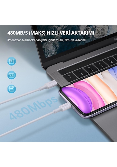 Ugreen 10493 Type-C To Lightning 3A Pd Mfi Hızlı Şarj Kablosu Beyaz 1 M
