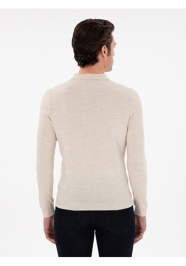 Cacharel Bej Slim Fit Yün Karışımlı Polo Yaka Basic Triko Kazak