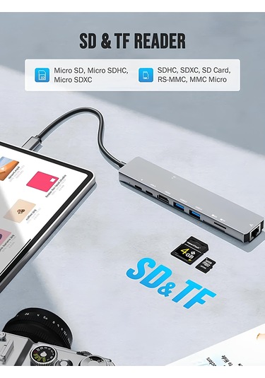 Speeduf 8in1 Usb Type-c Hub Port Adaptör Hdmı Usb Ethernet Pd