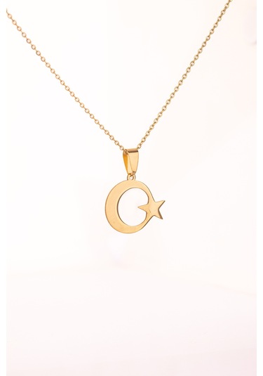 Altın Renk Ay Yıldız Çelik Kolye Kararmaz Paslanmaz Çelik Anlamlı Ve Şık Unisex Altın