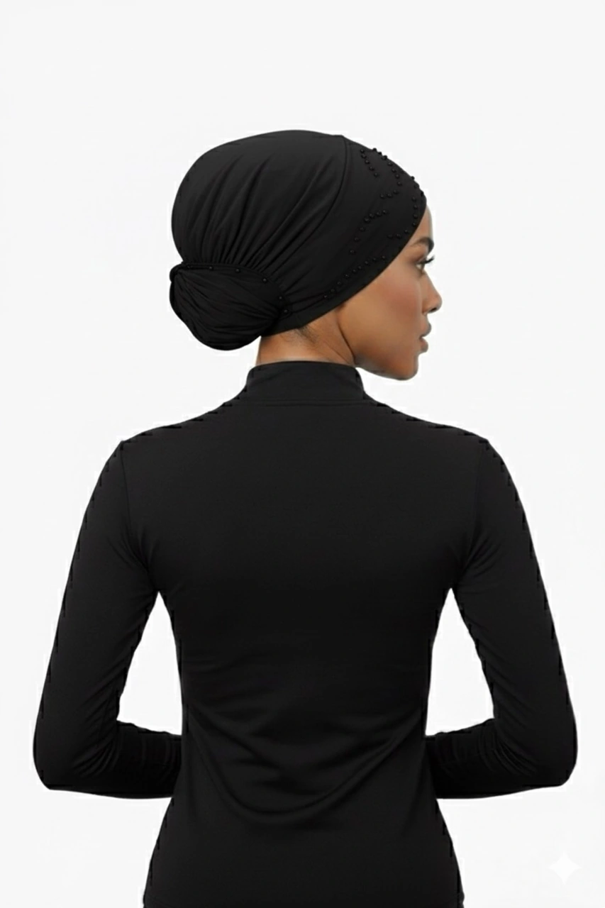 Topuzlu Siyah Hazır Türban Tesettür Bone Siyah