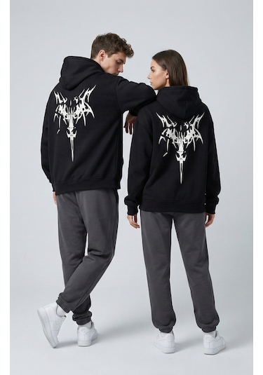 Nevermind Unisex Oversize Hoodie Grafik Sembol Baskılı Siyah