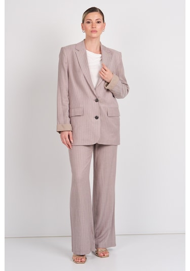 Ayhan Kadın Çizgili Cepli Keten Pantolon 1197 Kahverengi Kahverengi