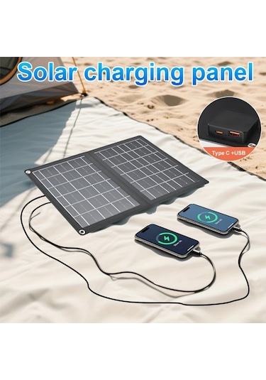 Motion003 Taşınabilir Güneş Paneli Şarj Cihazı 36.8x23.5 Cm Siyah 2si 1 Arada Katlanabilir Usb Type C Portlu Su Geçirmez Kamp Seyahat Acil Durum Şarj