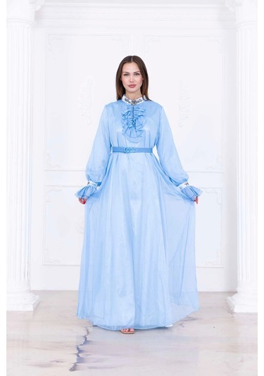 Yaka Fırfırlı Boncuk İşlemeli Şifon Abiye 2716-bebe Mavisi Bebe Mavisi Mavi