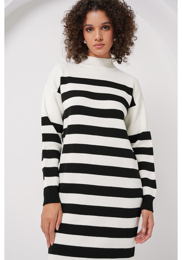 Bigdart 15898 Çizgili Uzun Triko Elbise - B.beyaz