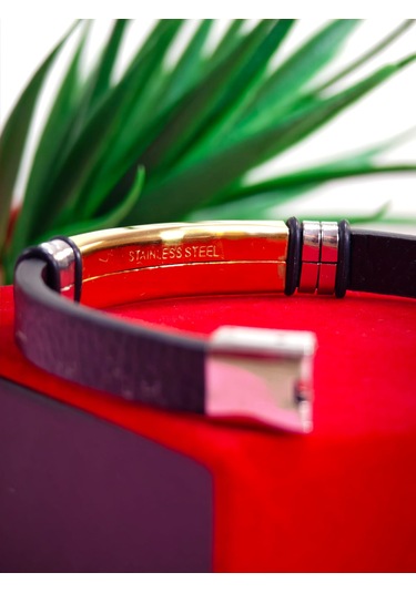 Çelik Derili Bileklik Kişiye Özel İsimli Paslanmaz Derili Çelik İsimli Bileklik 316 L Çelik Beyaz - Sarı