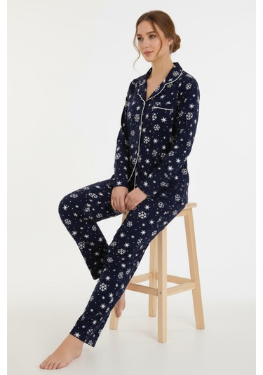 Luxury Soft Lacivert Kar Tanesi Desenli Uzun Kollu Kadın Pijama Takımı 3059 Lacivert