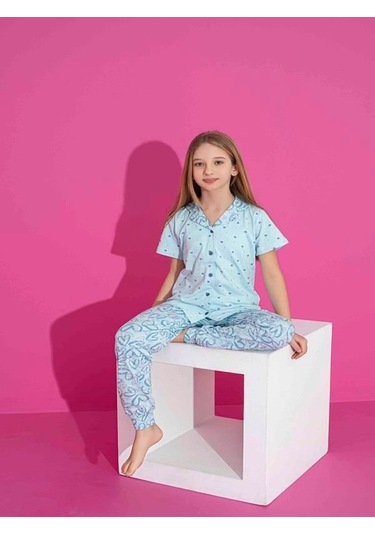 Kız Çocuk Önden Düğmeli Kalp Desenli Mavi Pijama Takımı-1265 Mavi