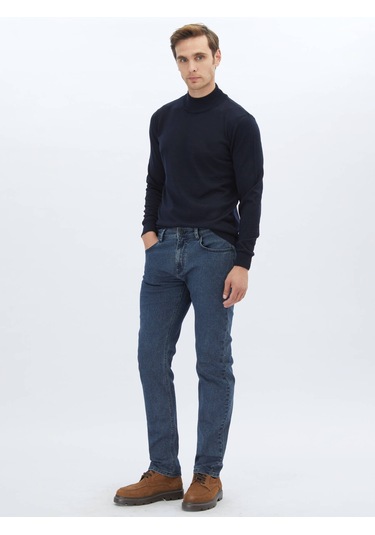 Kip Lacivert Yarım Balıkçı Yaka Düz Örgü Yün Karışımlı Triko Çok Renkli