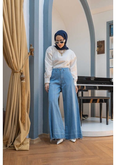 1166-parçalı Denim Bol Paça Pantolon Mavi Mavi