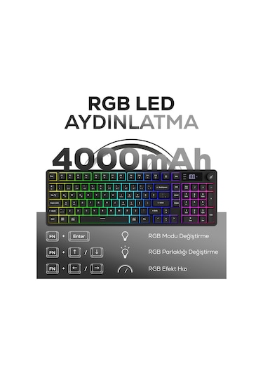 Hk258 Membrane Lcd Rgb Kablosuz/bluetooth Siyah Full Türkçe Gaming Oyuncu Klavye