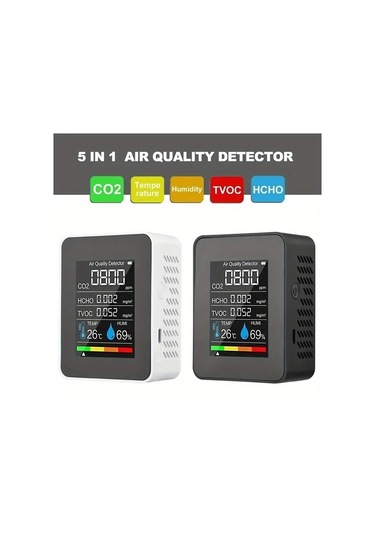 Xuweiwei Beyaz 1 Bilgisayar 5i 1 Arada Hava Kalitesi Monitörü Co2 Co Pm2 5 Pm10 Hcho Tvoc Lcd Ekranli Gaz Dedektörü Co2 Sensör Cihazı