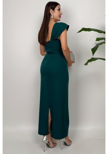 Valentia Madonna Yaka Taş İşlemeli Kalem Zümrüt Yeşili Abiye Elbise, Zarif Davet Elbisesi Zümrüt Yeşili