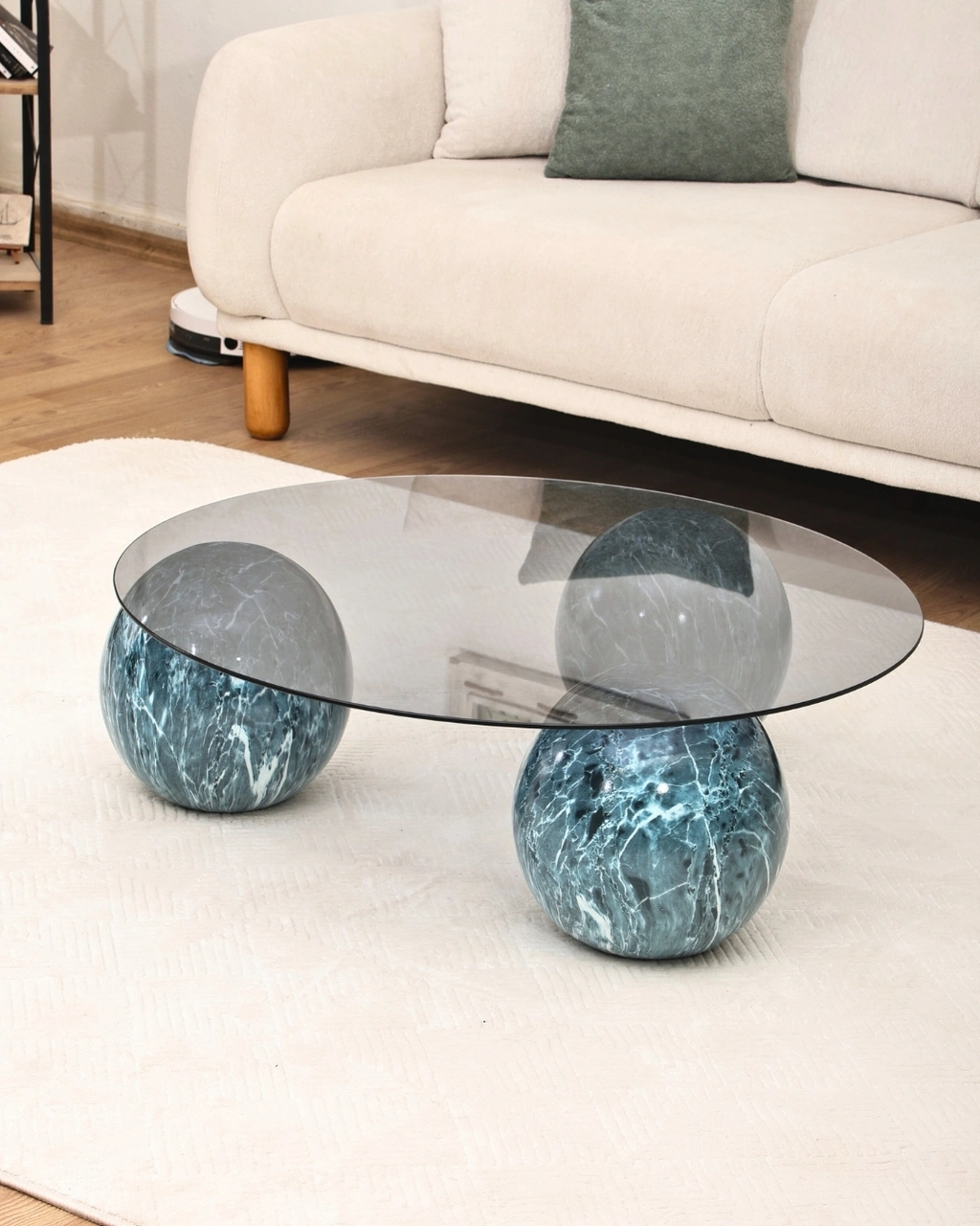 Modern Orta Sehpa & Küre Sehpa & Top Sehpa & Füme Yuvarlak Cam & Ocean Mavi