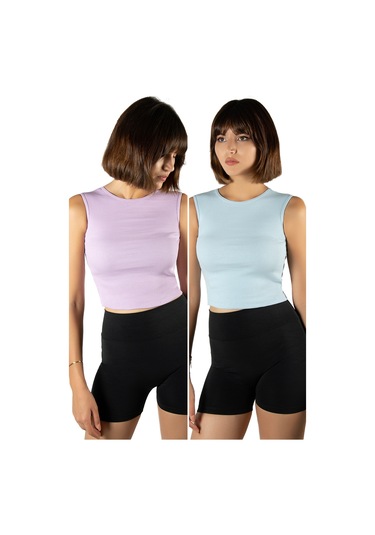 2'li Paket Lila Açık Mavi Fitted/vücuda Oturan Crop Halter Yaka Fitilli Esnek Örme Bluz Atlet Lila Açık Mavi