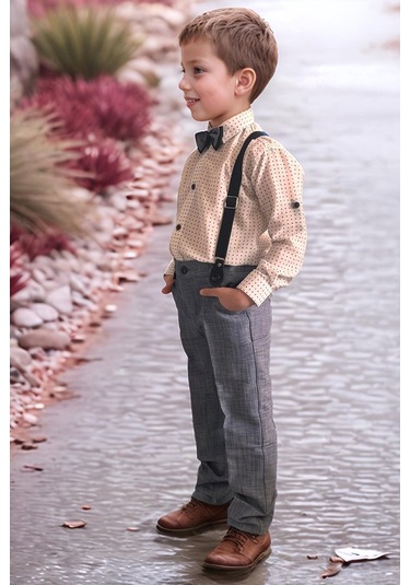 Riccotarz Erkek Bebek Desenli Gömlek, Papyon Ve Askılı Mavi Pantolon Alt Üst Takım Mavi