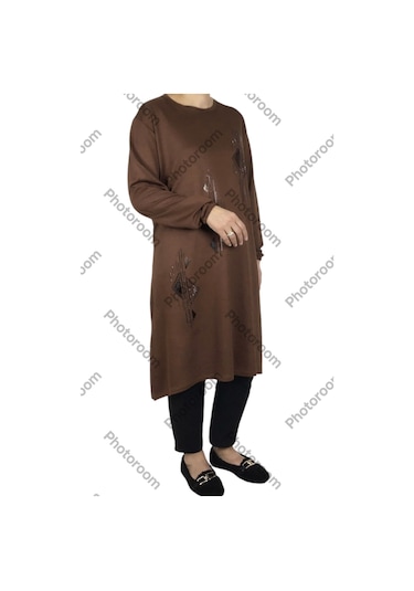 Kadın Kristal İki İplik Penye Büyük Beden Mevsimlik Tunik Kahverengi