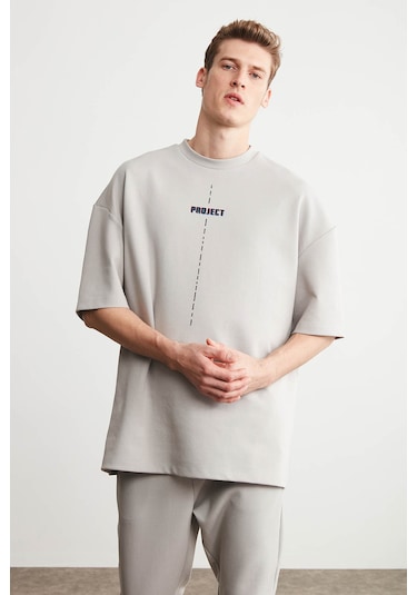Grimelange Project Erkek Baskı Detaylı Oversize Fit %100 Organik Pamuk Örme Bisiklet Yaka Örme Gri T-shirt