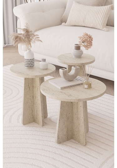 Obi Atölye Traverten Mantar İskandinav Stili Zigon Sehpa 3'lü