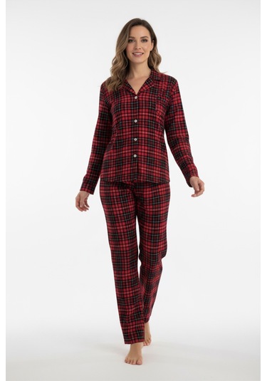 Luxury Soft Kırmızı Ekose Desenli Uzun Kollu Kadın Pijama Takımı 3063 Bordo