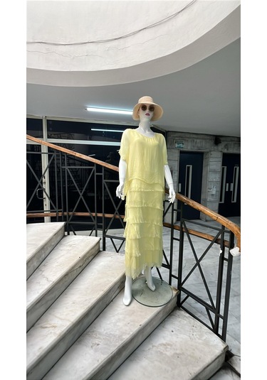 İtalyan 2 Beden Ince Gösteren Yarım Kol Kat Kat Ipek Elbise-8794 Sarı