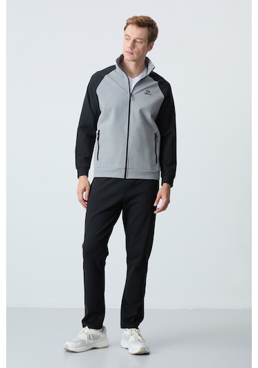 Tommy Life Gri Melanj - Siyah Dik Yaka Çift Renk Rahat Form Klasik Paça Erkek Eşofman Takımı - 85113 Gri - Siyah