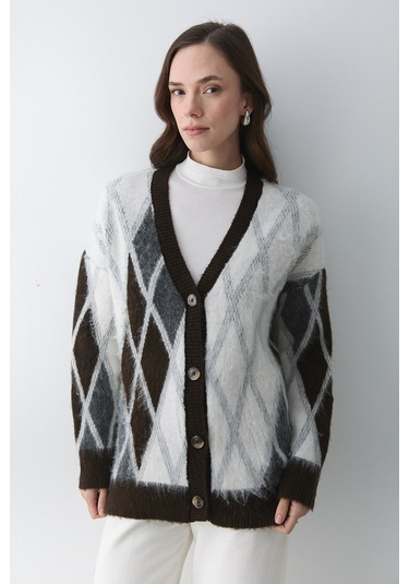 Koyu Kahverengi - Krem Baklava Desenli Hırka - 251090 Koyu Kahverengi