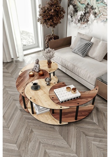 Ravilo Yin Yang 4'lü Orta Sehpa Meşe Ceviz 90 Cm Meşe Ceviz